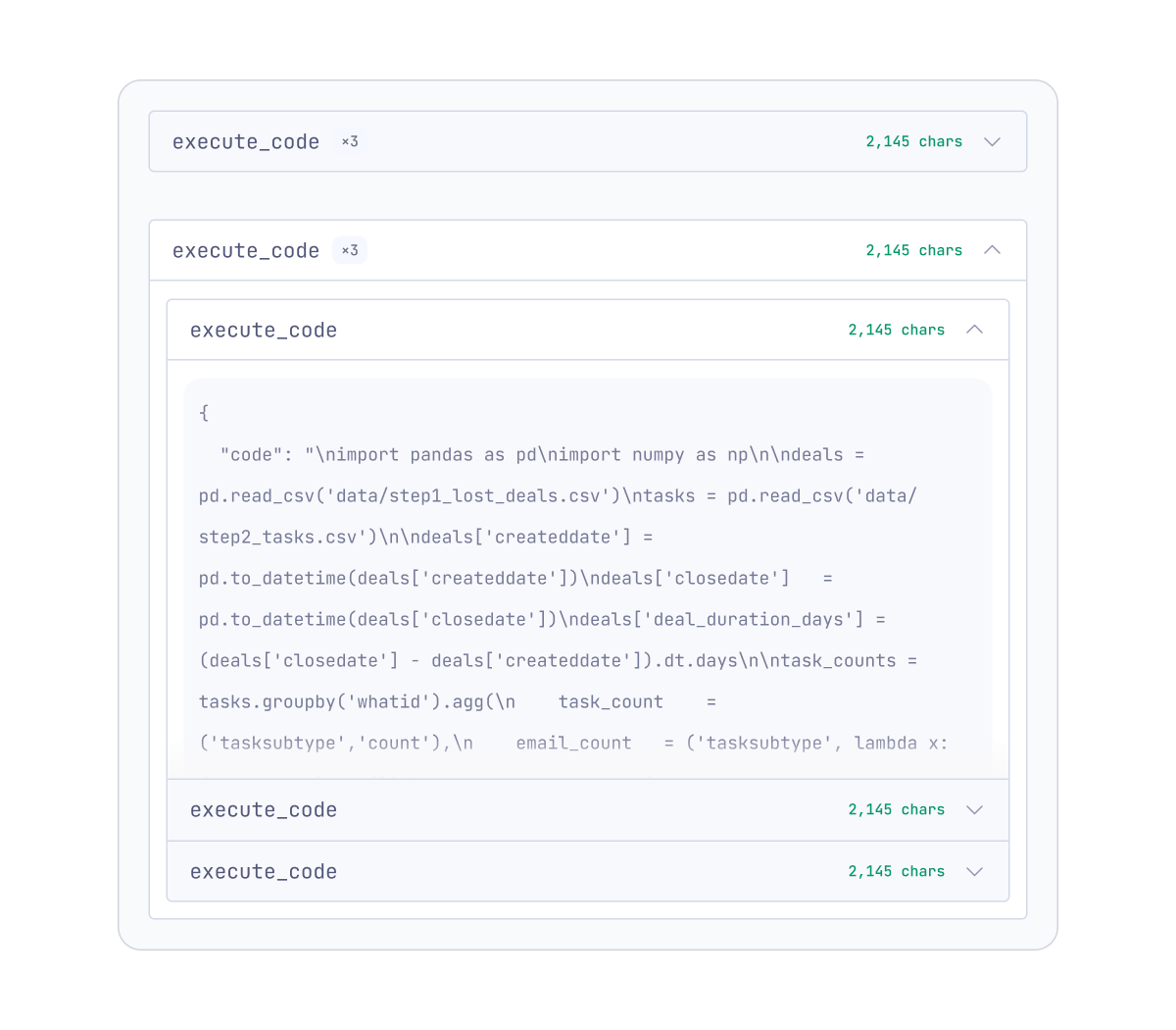 Technical execution panel showing the actual code run behind an answer, one click beneath the plain-language reasoning